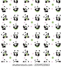 lindo panda patern; lindo panda con buena suerte hoja ondeando mano, ilustración vectorial. trazo editable