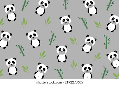 Cute panda pattern with bamboo tree isolate on grey background. Creative for print, screen, wallpaper, textile or cover.Vector.Illuatration.