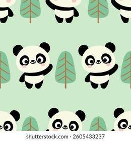 cute panda pattern bear cheering pose mint green seamless background with trees perfect for kids fabric and wallpaper