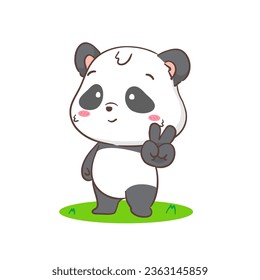 Cute panda with peace hand sign gesture cartoon character. Kawaii adorable animal concept design. Isolated white background. Vector art illustration