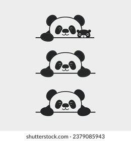 Cute panda peek or paws up over wall collection, panda face cartoon icon, vector illustration, isolated black and white