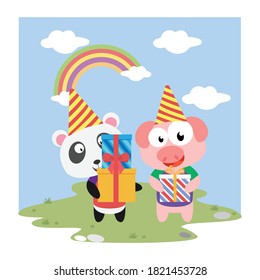 cute panda and pig birthday, simple vector illustration