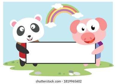 cute panda and pig hold a white board simple vector illustration design