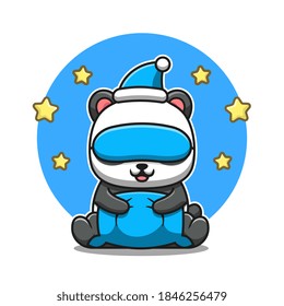 Cute Panda With Pillow, Eye Mask, And Hat Cartoon Vector Icon Illustration. Animal Nature Icon Concept Isolated Premium Vector. Flat Cartoon Style