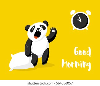 Cute panda with pillow wakes up. Good morning card with alarm clock and bear. Vector illustration.