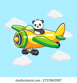 Cute Panda Pilot Flying an Airplane Vector Illustration Cartoon Design Kawaii