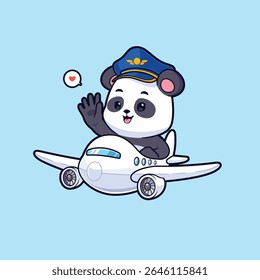 Piloto panda bonito voando um vetor de avião mascote logotipo. Ilustração do conceito do ícone de transporte animal.