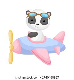 Cute panda pilot wearing aviator goggles flying an airplane. Graphic element for childrens book, album, scrapbook, postcard, mobile game. Flat vector stock illustration isolated on white background.
