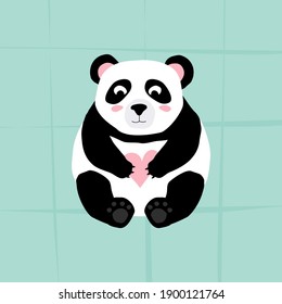 Panda lindo con mejillas rosadas y corazón rosado. Caricatura de Panda sobre el fondo verde. Cuta tarjeta de amor para el día de San Valentín.