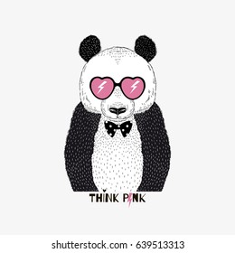 cute panda in pink sunglasses, animal illustration