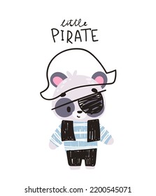 Cute panda in pirate costume. Animal Pirate. Vector print for children room, fabric, paper, greeting card, postcard, card, t shirt, poster, textile. Vector illustration