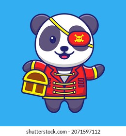 Pirata Cute Panda con la Ilustración del Icono del Vector de Caricaturas del Tesoro. Vector Premium Aislado De Icono De Mascota Animal. Estilo de dibujo plano