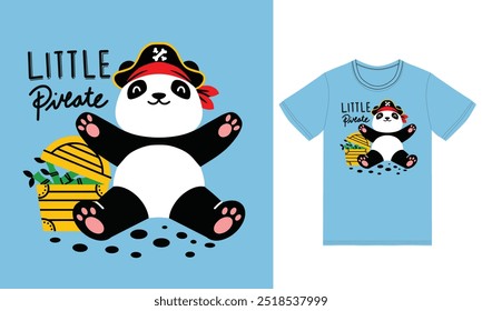 Cute panda pirate illustration with tshirt design premium vector the Concept of Isolated Technology. Flat Cartoon Style Suitable for Landing Web Pages,T shirt, Flyers, Stickers