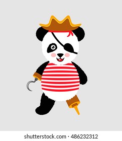 Cute panda pirate standing with hat and hook. 