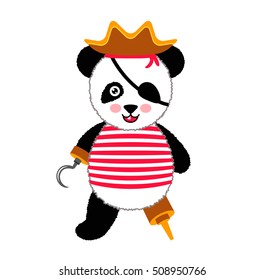 Cute panda pirate standing with hat and hook. Vector Illustration Isolated On White Background