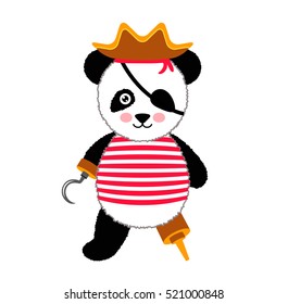 Cute panda pirate standing with hat and hook. Vector Illustration Isolated On White Background