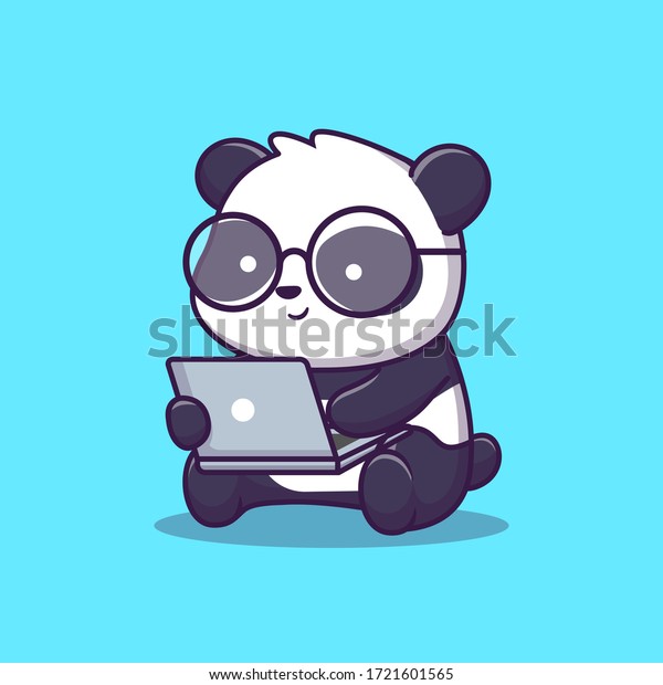 かわいいパンダがノートパソコンのベクター画像アイコンイラストを再生 動物のテクノロジーアイコン コンセプト 分離型プレミアムベクター画像 フラットカートーンスタイル のベクター画像素材 ロイヤリティフリー