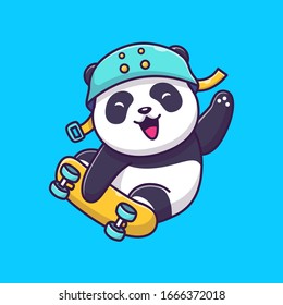 Cute Panda Play Skateboard Vector Icon Illustration. Panda Mascot Cartoon Character. Animal Icon Concept White Isolated. Flat Cartoon Style Suitable for Web Landing Page, Banner, Flyer, Sticker, Card svg