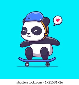 Cute Panda Play Skateboard Vector Icon Illustration. Animal Sport Icon Concept Isolated Premium Vector. Flat Cartoon Style 