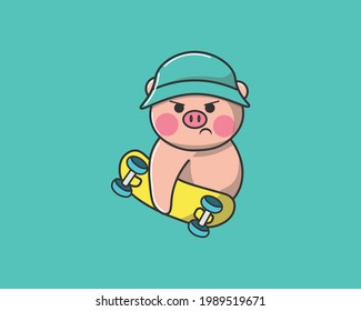 Cute Panda Play Skateboard Vector Icon Illustration. Pig Mascot Cartoon Character. Animal Icon Concept White Isolated. Flat Cartoon Style 