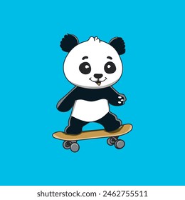 Cute Panda Play Skateboard Vector Icon Illustration. Panda Mascot Cartoon Character. Animal Icon Concept White Isolated. Flat Cartoon Style Suitable for Web Landing Page, Banner, Flyer, Sticker, Card