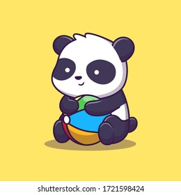 Cute Panda Play Summer Ball Vector Icon Illustration. Animal Love Icon Concept Isolated Premium Vector. Flat Cartoon Style 