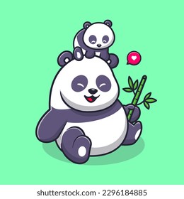 Cute Panda Playing With Baby Panda And Holding Bamboo Cartoon Vector Icon Illustration. Animal Nature Icon Concept Isolated Premium Vector. Flat Cartoon Style