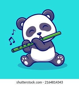 Cute Panda Playing Bamboo Flute Cartoon Vector Icon Illustration. Animal Music Icon Concept Isolated Premium Vector. Flat Cartoon Style