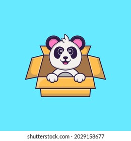 Cute Panda Playing In Box. Animal cartoon concept isolated. Can used for t-shirt, greeting card, invitation card or mascot.