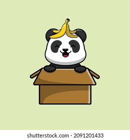 Cute Panda Playing In Box Cartoon Vector Icon Illustration. Animal Food Icon Concept Isolated Premium Vector. Flat Cartoon Style