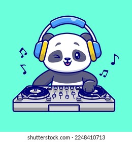 Cute Panda Playing Dj Electronic Music With Headphone Cartoon Vector Icon Illustration. Animal Music Icon Concept Isolated Premium Vector. Flat Cartoon Style