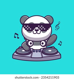 Cute Panda Playing Dj Electronic Music Cartoon Vector Icon Illustration. Animal Music Icon Concept Isolated Premium Vector. Flat Cartoon Style