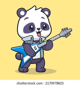 Cute Panda Playing Electric Guitar Cartoon Vector Icon Illustration. Animal Music Icon Concept Isolated Premium Vector. Flat Cartoon Style