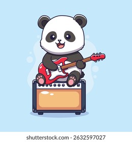 Cute Panda Playing Electric Guitar on Amplifier. Vector ilustration
