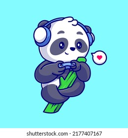 Cute Panda Playing Game On Bamboo With Headphone Cartoon Vector Icon Illustration. Animal Technology Icon Concept Isolated Premium Vector. Flat Cartoon Style