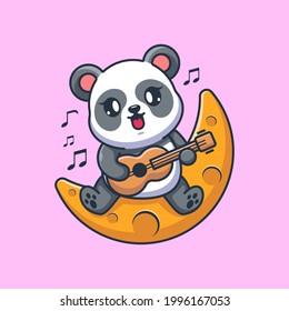 Cute panda playing guitar on the moon