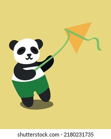 Cute panda playing with kite. Summer vacation. Image isolated on colored background. Vector illustration. Design element for postcards menu brochures posters sites banners