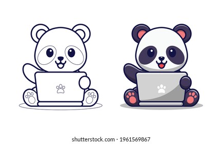 Cute panda playing laptop cartoon coloring page for kids