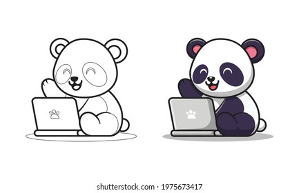 Cute panda playing laptop cartoon coloring pages