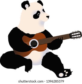Cute panda is playing on the guitar from bamboo.