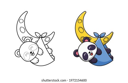Cute panda playing on moon cartoon coloring pages
