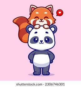 Cute Panda Jugando Con Icono Del Vector De Caricaturas De Panda Rojo. Concepto de icono de la naturaleza animal Vector Premium aislado. Estilo de dibujo plano