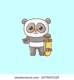a Cute panda Playing Skateboard animal kawaii chibi character mascot illustration outline style design