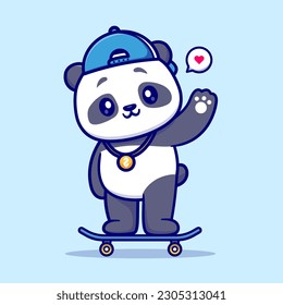Cute Panda Playing Skateboard Cartoon Vector Icon Illustration. Animal Sport Icon Concept Isolated Premium Vector. Flat Cartoon Style