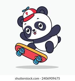 Cute Panda jugando al skateboard, ilustración de caricatura