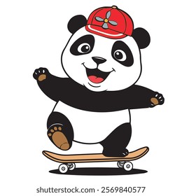 Cute Panda playing skateboard, Cartoon illustration