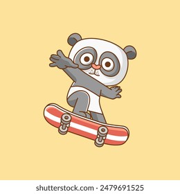 Un panda lindo jugando skateboard truco animal kawaii chibi personaje mascota ilustración contorno estilo