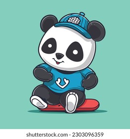 Cute Panda Playing Skateboard Vector Cartoon Icon Mascot Illustration