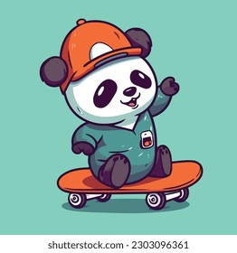 Cute Panda Playing Skateboard Vector Cartoon Icon Mascot Illustration