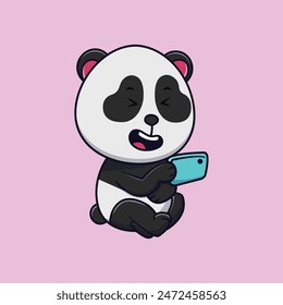 Cute Panda Playing Smart Phone Cartoon Vector Icon Illustration. Cute Animal Technology Activities. Flat Cartoon. Suitable for any creative projects.
